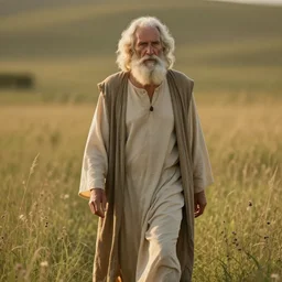 old prophet wandering about a meadow. warm lighting. skin translucency.