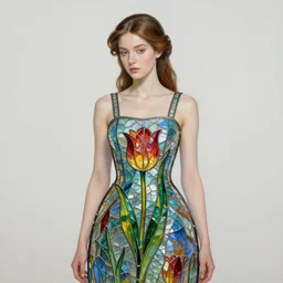 beautiful woman wearing a dress made from stained glass in the design of a tulip. painting by artgerm and greg rutkowski and ilya kuvshinov