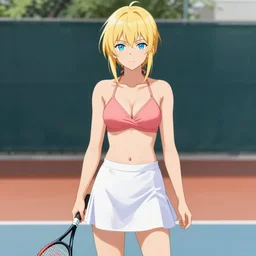 full body shot : a very beautiful young blond tennis anime girl, sky blue eyes, 🍑, smug, bikini, white miniskirt, highly detailed, cinematic wallpaper by stanley artgerm lau