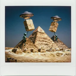 Aliens lift blocks of stone with UFOs to build the Pyramids! in Egypt, antique analog polaroid picture, Photography
