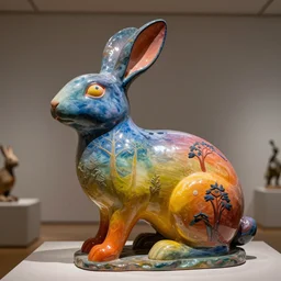 stunning extraordinary colourful intriguing polished painted massive polish sleek clay sculpture of a mythic rabbit animal by beth cavener in a museum. painted color gradient fading. sub scattering. eyes specular highlight. with help of ellen jewett, beth cavener, sayaka ganz, edouard martinet, john o'reilly and judith klausner.