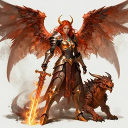 red haired badass woman with wings, paladin, armored fiery, flaming sword, gargoyle, maiden, fantasy concept art