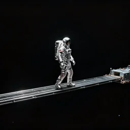 mysterious man in silver space suit, walking on a small steel catwalk, floating in the darkness of space, with a black background, photograph, wide angle, long shot