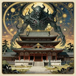 dreamland of chinese ukiyo - e + geometry and astrology, a decaying japanese temple, stunning atmosphere, nanotech demonic monster horror, illustrated by boris vallejo, game, movie concept art, symmetrical, simple color palett by mucha, zdzislaw, tyler jacobson, noah bradley, james paick