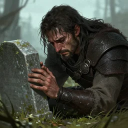 a depressed warrior cries at his beloved's tomb, badass, rugged, tears, messy hair, beard, sadness, fantasy, extremely detailed, smooth, sharp focus, digital illustration, by rossdraws, artgerm, franzzeta