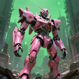 hyperrealistic hyperdetailed punk mecha iridescent pink coming out of dystopian city ruins concept art santiago caruso de chirico sharp very dramatic green light 8k low angle shallow depth of field