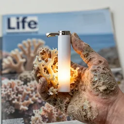 realistic product photo of a hand covered in shriveling dead semi - translucent iridescent coral reef, emitting aura, the lighter is designed by dieter rams, 1 9 6 0, life magazine photo, natural colors, metropolitan museum, kodak, 8 k, very detailed, high resolution, product photo,