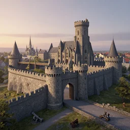 intricate nordic castle at dawn with stone architecture, massive gates, tower keep, drawbridge, church, village by greg rutkowski, artstation and frank lloyd wright, extremely hyperdetailed, intricate construction, ramparts, battlements, catapults, archers, uhd