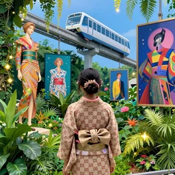 a vibrant dream of one beautiful girl wearing a gucci kimono from behind looking through a museum of the world's best digital art, lush plants, monorail, glowing lights, high fashion, magic details, by moebius, edward hopper, james gilleard, and james jean, hd, 8 k, trending on artstation, uhd,