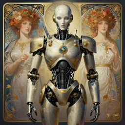 symmetry!! portrait of a militarized robot, midsommar style, intricate, elegant, highly detailed, digital painting, artstation, concept art, smooth, sharp focus, illustration, art by artgerm and greg rutkowski and alphonse mucha, 8 k