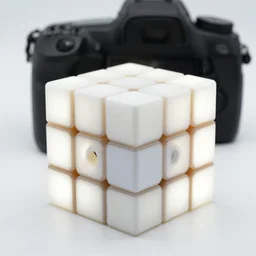 a translucent rubik's cube, the innerworkings are visible, white back light, white environment, dslr, photorealistic