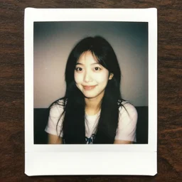 polaroid photograph of a sweet adult girl, smiling and looking thoughtfully away from the camera