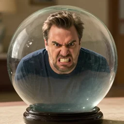 A large glass sphere containing Steve Harvey, looking angry and disgruntled very mad snarling rageful