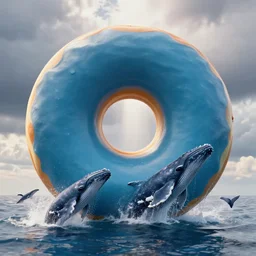 a giant donut with an ocean filled in the middle, whales jumping out of water, cloudy skies with godrays, realism, 4 k, trending on artstation