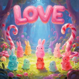 an epic fantastic realism comic book style painting of an enchanted dreamland of cute candy critters, gumdrop bunnies, candy cane serpents and love, cinema 4 d, hd, dynamic lighting