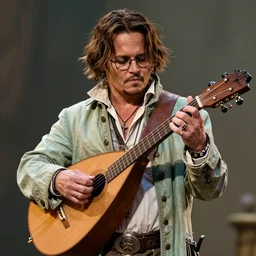 Breathtaking comic book style of Johny Depp portrayed as a Dungeons and Dragons bard, playing the lute and wearing a pale green jacket in the style of ilya kuvshinov