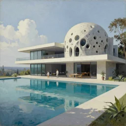 contemporary house with infinity pool, in the style of h.r giger, norman rockwell, giger, highly detailed, soft lighting, 8k resolution, oil on canvas, architectural magazine