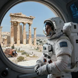 a futuristic sigma male astronaut looking at ancient renaissance athens through a time travel spaceship window, scifi, by wlop, peter mohrbacher, jakub rebelka, visually stunning, beautiful, time dimension