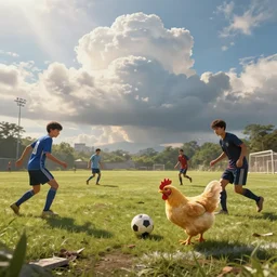 wide shot of 4 people playing soccer on an run - down soccer field but the ball is a chicken, hyperrealistic, volumetric lighting, giant clouds, godrays, 4 k digital painting, highly detailed background, trending on artstation