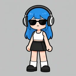 goth girl with blue hair, wearing headphones and sunglasses, black short skirt, white tank top, whole body, cartoon style