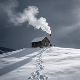 a cabin on a hill, snowstorm, winter, smoke rising from the pipe, a little track of footprints, by alex andreev, landscape, high contrast, digital