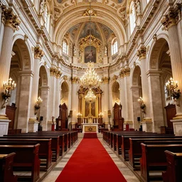 a church with a red carpet and chandeliers, a colorized photo by pacita abad, shutterstock contest winner, baroque, sanctuary, ornate, colorized