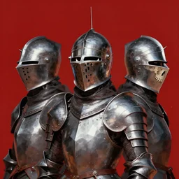 three quarter view portrait of a female knight, kaldor helmet with spikes on top, human skull visor, red background, very masterful