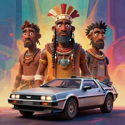 stylish 3 d vfx - drew struzan movie poster - art of an african tribal chief and a delorean, art style by james jean & hsiao - ron cheng, unreal engine render, digital illustration, sharp, intricate detail, volumetric lighting, ray tracing, soft light, colourful, claymation style, ernie barnes style, symmetry, acrylic on canvas, pinterest, artstation,