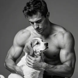 shirtless muscular man with chiseled jawline petting a puppy, black and white studio photography