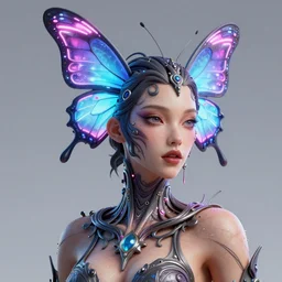 a 3 d model of an exotic beautiful woman with a neon butterfly head, unreal engine, cinema 4 d, intricate details, 8 k, ultra realistic, super detailed, octane, ray tracing, artstation, beeple