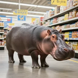 hippopotamus walking inside walmart