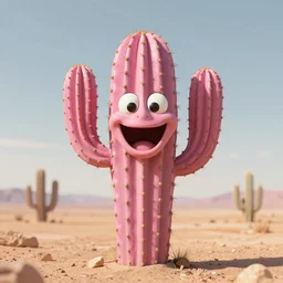 Realistic pink cactus with laughing face in the desert, movie shot, studio shot, studio lighting, 8k