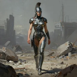 realist painting of a  muscular female halo spartan walking across a cyberpunk wasteland with no helmet, female face, symmetrical face details, ultra realistic, very highly detailed, 8K, octane, Digital painting, concept art, illustration, rule of thirds, sharp focus, centered, rubber suit, Ron Cobb, Syd Mead