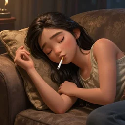 lofi girl sleeping on the couch with a cigarette in his mouth, elegant, Pixar style by Tristan Eaton Stanley Artgerm and Tom Bagshaw, high detail