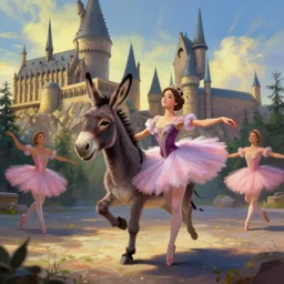 A donkey dancing ballet in hogwarts, digital painting, amazing detail, artstation, vibrant
