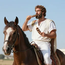 roman emperor leonid riding the horse and eating kebab and wearing sleeping suite, a close view, hyperrealistic, 8 k