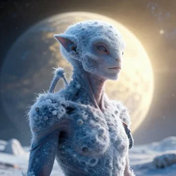 a sentient being from a newly discovered planet. it has evolved to live in the extreme cold, portrait photograph, volumetric lighting, golden ratio composition, strong backlight, poster, highly detailed, sharp focus, bokeh, hyperrealism