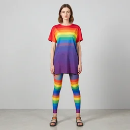 a woman wearing rainbow leggings and a rainbow tunic by artgerm and greg rutkowski and lois van baarle