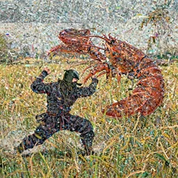 ninja training in a rice fields fighting with a giant monster lobster