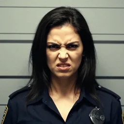 mugshot portrait photograph of an attractive charismatic lady criminal with a bad attitude in a police station. snarling expression. mean. symmetrical portrait. grainy.