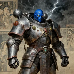 composition of gothic and futuristic, warhammer, cyber japanese style armor, more and more scars, thunderstorm, blue head, earth eyes, some green and orange, the middle ages, highly detailed, artstation, in the style of moebius, jugendstil and classic japanese print, art by anka zhuravleva and jean delville