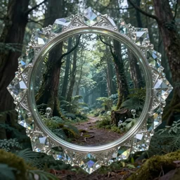 photo of a crystal mirror that is a portal to another magical world. Forest in the background. Fantasy magic style. Highly detailed 8k. Intricate. Nikon d850 55mm. Award winning photography.