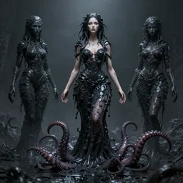3 d photography of beautiful goddess melting into black swamp squid tentacles in style of hr giger, wlop and beeple
