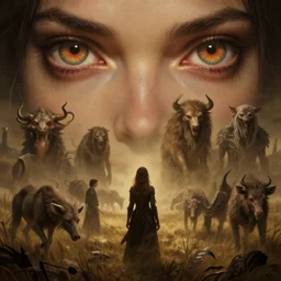 epic professional digital art of hungry eyes, ambient tan light, painted, mysterious, cinematic prairie terrifying animals scene, person, eerie, mythic, detailed, intricate, grand, leesha hannigan, wayne haag, reyna rochin, ignacio fernandez rios, mark ryden, van herpen, artstation, cgsociety, stunning, gorgeous, pixiv epic