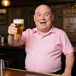 portrait photo still of real life barney gumble wearing pink shirt that is too small for his belly, clean shaven in a bar holding up a pint of beer, 8 k, 8 5 mm f 1. 8