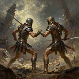 Oil painting of an apocalyptic gladiator duel, sci-fi, wasteland