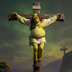 shrek on the cross, as jesus, dark, vivid, high detail