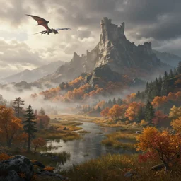beautiful render of a autumn landscape, unreal engine, first light, majestic mountains, swamps, morning mist, dramatic clouds, big castle ruin, dragon flying, soft light, by greg rutkowski, cgsociety