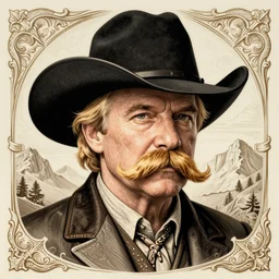 stephen fry, cowboy, huge blond moustache, blond hair, black stetson hat, moutain in background, intricate, elegant, highly detailed, sharp focus, illustration, mandy jurgens, rutkowski, edward curtis