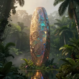 giant iridescent monolith in lush tropical jungle, foggy, moody, water reflection, golden hour : : by jeff koons, dan mcpharlin daniel merrian : : ornate, dynamic, particulate, rich colors, intricate, elegant, highly detailed, centered, artstation, smooth, sharp focus, octane render, 3 d